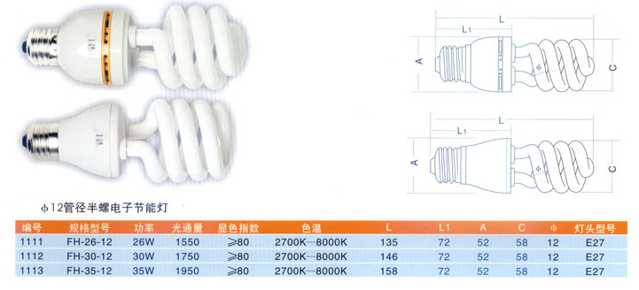 半螺旋（12mm管径）电子节能灯