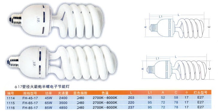半螺旋（17mm管径）火箭炮电子节能灯