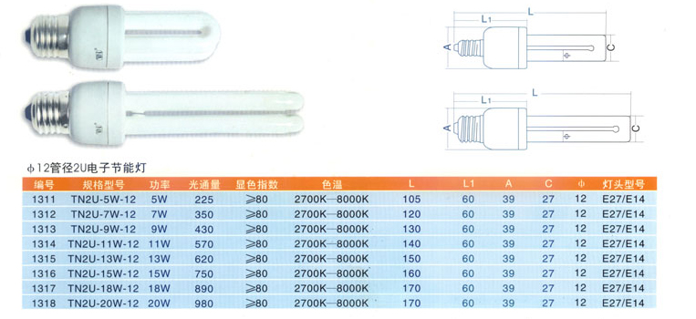 2U(12mm管径)电子节能灯