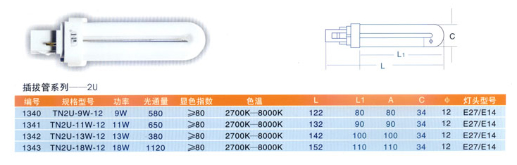 2U(12mm管径)插拔管系列电子节能灯