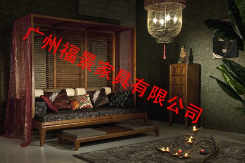 广州福景家具 东南亚风格家具实木床 槟榔色罗汉床 架子床双人床 