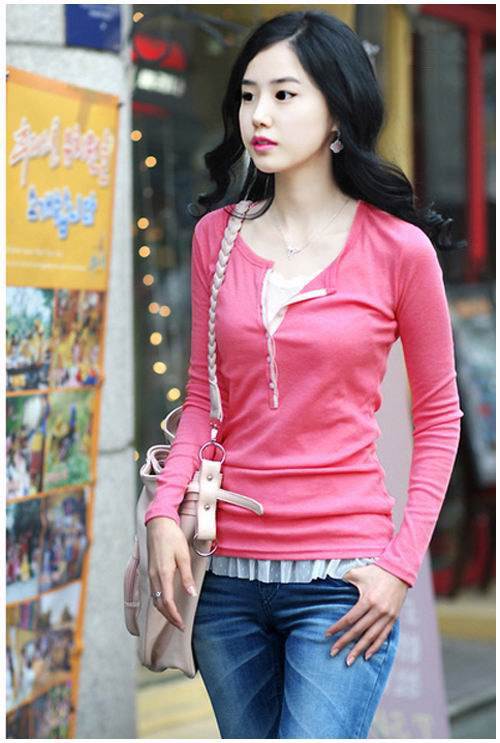 Plus Size Korean Style Crew neck Pink T-Shirt