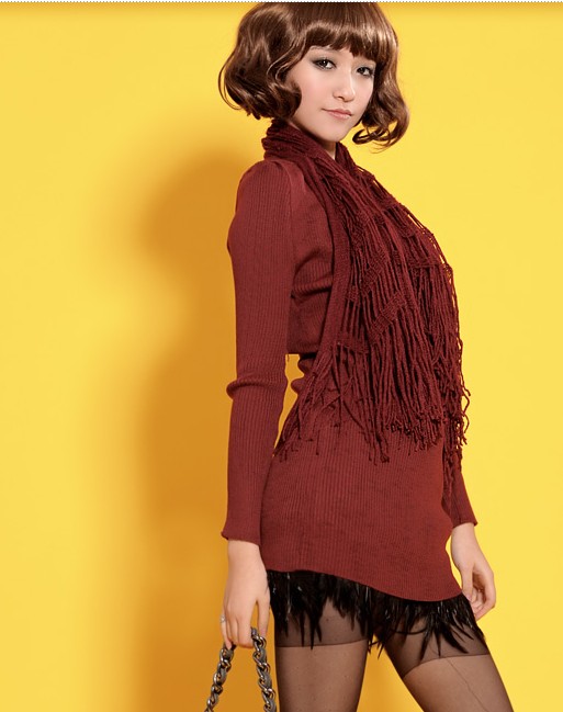 Boat Neck Long Sweater with Scarf Dark Red