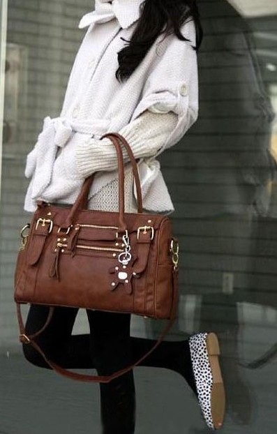 Fashion Brown Side Pocket PU Leather Shoulder Bag