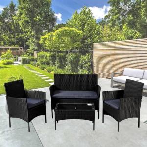 Wholesale outdoor patio furniture: Outdoor Garden Sets Patio Furniture 4-Piece Black PE Rattan Wicker Gray Cushioned Sofa Conversation