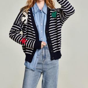 Wholesale jackets fabric: Cartoon Pattern Embroidered Stripe Women's Knitted Cardigan Cute Sweater Jacket