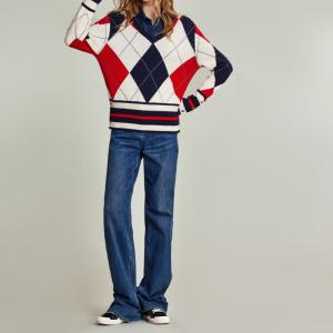 Wholesale v neck cashmere sweater: Women's Autumn Button Sweater Women's V-neck Contrasting Diamond Plaid Knit