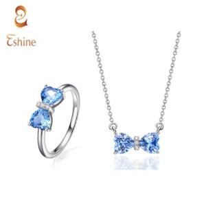 Wholesale gift cable: Blue Topaz Heart Bow Silver Ring & Pendant Necklace Jewelry Set