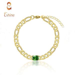 Wholesale women jewelry: Women's Sterling Silver Simple Figaro Link & Emerald Chain Bracelet