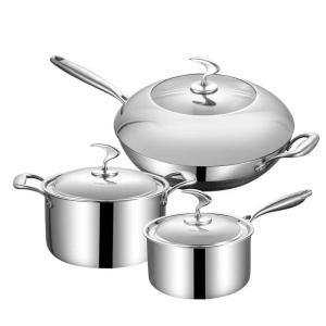 Wholesale induction cooking range: JOYOUS 3-Piece Tri-Ply Stainless Steel Cookware Set - Wok, Soup Pot and Sauce Pot with 3 Steel Lids