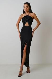Wholesale bandage: 2023 Summer Women's Sexy Strapless Open Back Flower Hollow Ruffle Edge Split Long Bandage Dress