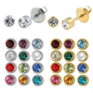 Wholesale silver earrings: Stainless Steel Crystal Ear Piercing Birthstone Earring Piercing Jewelry