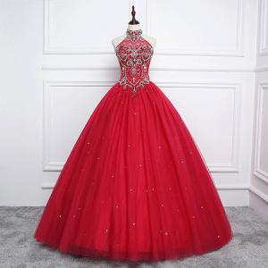 Wholesale beading evening dress: Ball Gown Red Halter Evening Dress