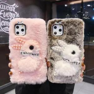 Wholesale mobile phone: Custom Logo 3D Fur Rabbit Mobile Phone Case with Pearl for Realme C11 for X XR for One Plus