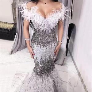 Wholesale wedding gowns: Sexy Mermaid Evening Dresses with Feathers Bridesmaid Prom Party Gowns Floor Length