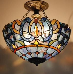 Wholesale led night lamp: WERFACTORY Tiffany Ceiling Light Fixture Blue Purple Cloudy Stained Glass Lamp