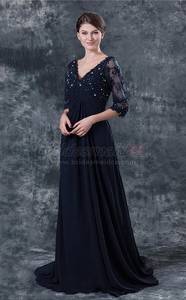 Wholesale cheap wedding dresses: Dark Navy Long V Neck Chiffon Dress