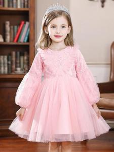 Wholesale party: Pink Princess Kids Girls Party Gowns Long Sleeve