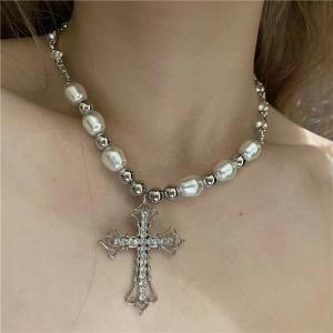 Wholesale gold jewelry: High Quality Not Fade PVD Gold Plated Jewelry Stainless Steel Cross Pendant Pearl Charming Necklace