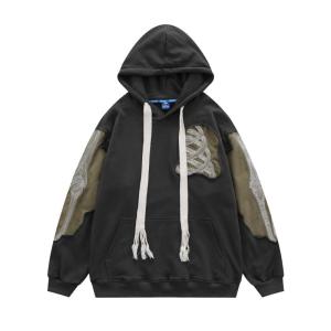 Wholesale jackets fabric: American Retro Fashion Brand Jacket Street Hole Design Stitching Contrast Color Hooded Sweatshirt