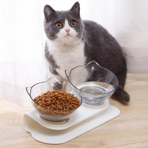 Wholesale plastic bowl: Protect Neck Cat Bowl Non-slip Transparent Double Bowl Protect Cervical Spine Plastic PET Supplies F