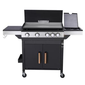 Wholesale restaurant tray: 4 Burner Portable Gas BBQ Plancha Grill with Side Burner and Trolley