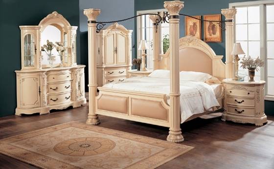Luxury White Canopy King Bedroom Furntiure Set Leather Wood