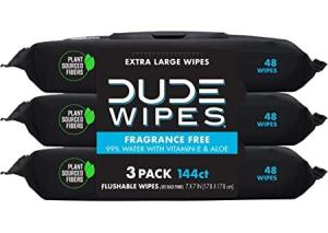 Wholesale wipes: DUDE Wipes Flushable Wipes - 3 Pack, 144 Wipes - Unscented Wet Wipes with Vitamin-E & Aloe