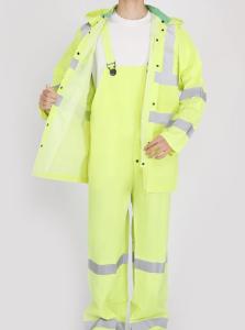 Wholesale reflective fabric: ANSI Class 3 PVC Polyester 0.35mm 3PCS Hi Vis Lime Rain Suit