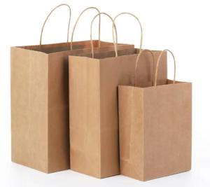 Wholesale handle bags: White and Brown Kraft Paper Twisted Handle Shopping Carrier Bag with Logo Printed