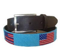 American Flag Light Blue Needlepoint Belt with Solid Brass Buckle