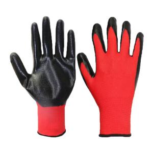 Wholesale Safety Gloves: 13gauge Red Polyester Black Nitrile Coated Glove