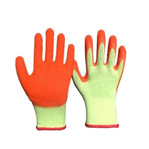 Wholesale latex coated gloves: 10gauge Yellow Cotton Yarn Orange Crinkle Latex Coated Glove
