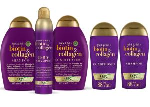 Wholesale damaged hair: OGX Biotin & Collagen Hair Thickening Shampoo-Conditioner 88.7ml, 385ml & 577ml