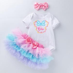 Wholesale Baby Clothing: Round Collar Cartoon Baby Romper Bow Headband Sweet Cake Dress 3PCS Toddler Romper