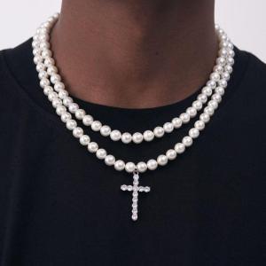 Wholesale zircon: Mens Pearl Necklace with Cross-Pearl Cross Panel Necklace