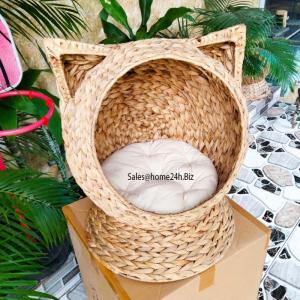 Wholesale cushions: Water Hyacinth PET House Cat Bed Natural White Cushion, Red Cushion HO-9003R
