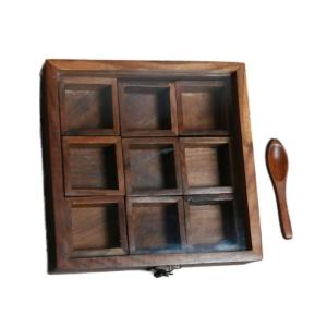 Wholesale wooden house: Inaithiram SB09 Wooden Kitchen Spice Box with 9 Compartments & Spoon Tabletop