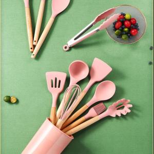 12Pcs Green Silicone Utensils with Wooden Handles Wholesale