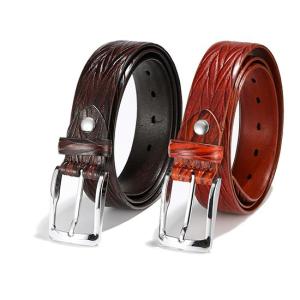 Wholesale fancy dress: Mens Genuine Cow Leather Belt Embossed Salix Leaf Pattern Casual PIN Buckle Real Leather Belt
