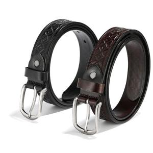 Wholesale leather belt: Mens Genuine Cow Leather Belt Dress Belt Handmade Business Casual Embossed Rhombus Diamond Pattern