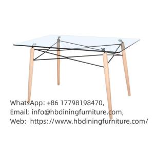 Wholesale carving for sale: Glass Rectangular Dining Table Transparent Top Wooden Legs DT-G02