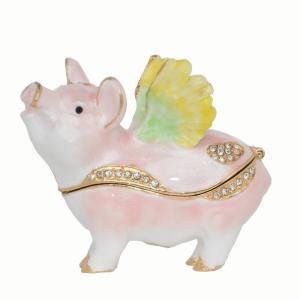 Wholesale gold fly: Pig Handcrafted Enamelled Crystal Jeweled Pewter Trinket Jewelry Box