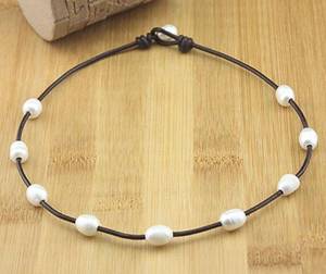 Wholesale handmade necklace: Handmade Freshwater Natural Pearl Leather Necklace AA Grade Leather Pearl Necklace Pearl Jewelry