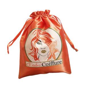 Wholesale cotton webbing: Custom Orange Silk Heat Transferred Hair Stylish Drawstring Hair Extensions Packaging Bags Satin Bag