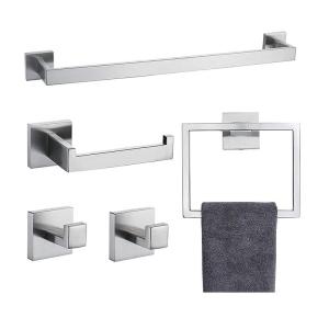 Wholesale stainless steel bar: Stainless Steel Bathroom Towel Bar Set 5 Pieces Brushed Nickel Square Modern Bathroom Hardware Set