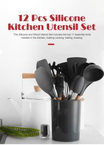 Wholesale spaghetti: 12 Pieces Silicone Kitchenware Set with Wooden Handles