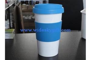 Wholesale silicone bands: 400 Ml Porcelain Travel Coffee Mug with Silicone Lid and Band