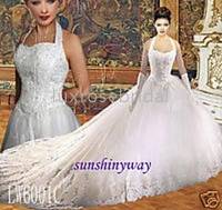 Custom Made White Halter Long Trumpet Sleeves Monarch Train Organza