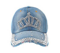 Womens Rhinestone Crown Washed Denim Baseball Hat